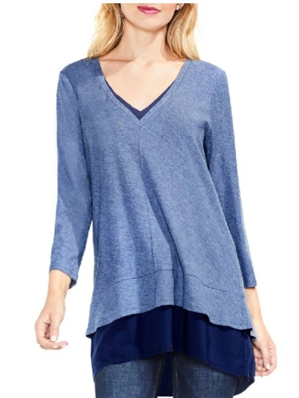 TWO BY VINCE CAMUTO Mixed Media Tunic Indigo Night Heather Blue large cotton